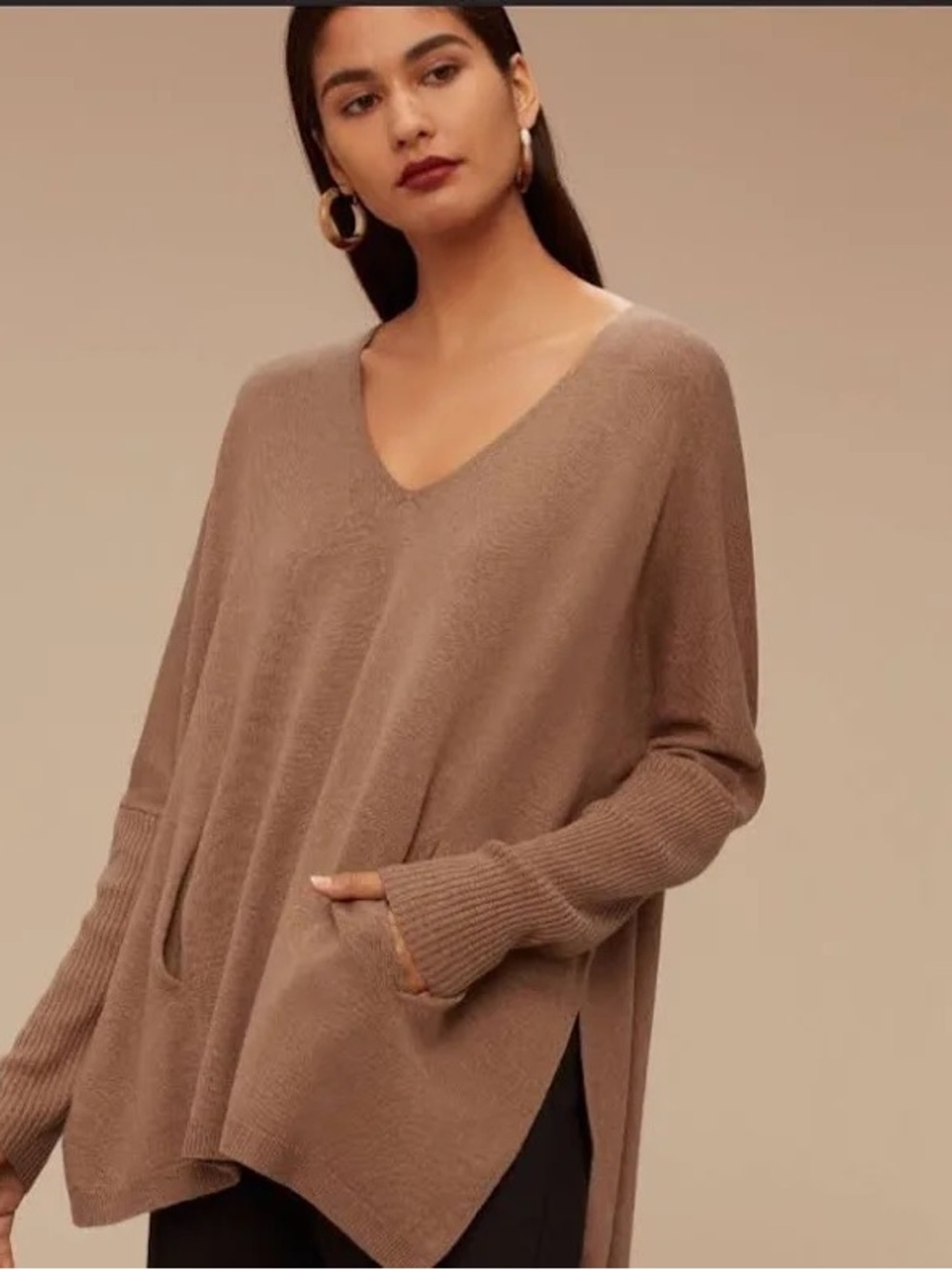 BABATON Baylor V-Neck Wool Blend Oversized Pocket Sweater - Brown